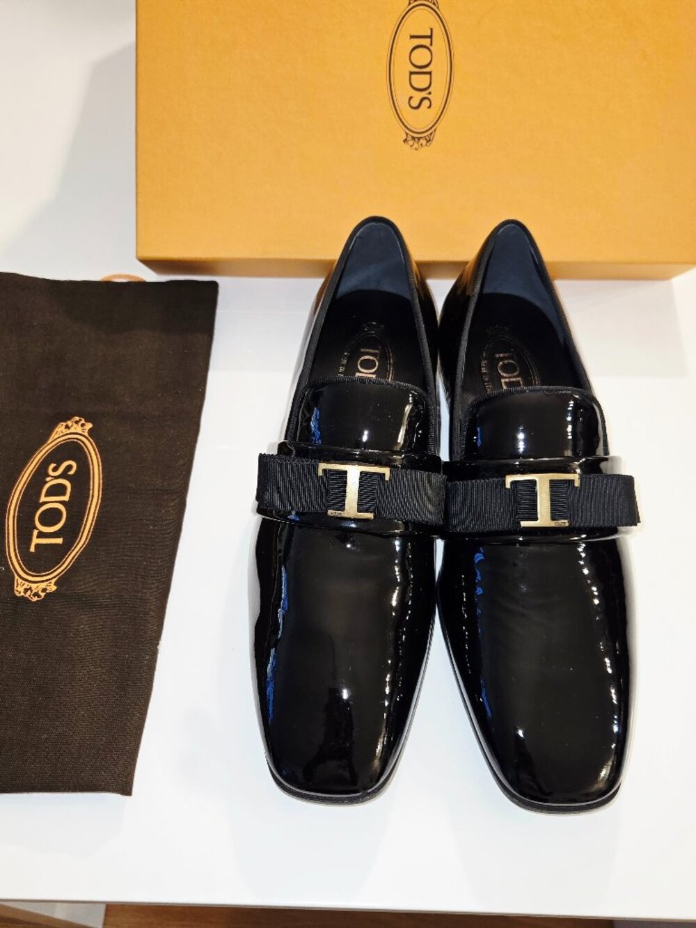 Tod's Black Patent Leather Loafers with a Tonal Grosgrain Ribbon Strap